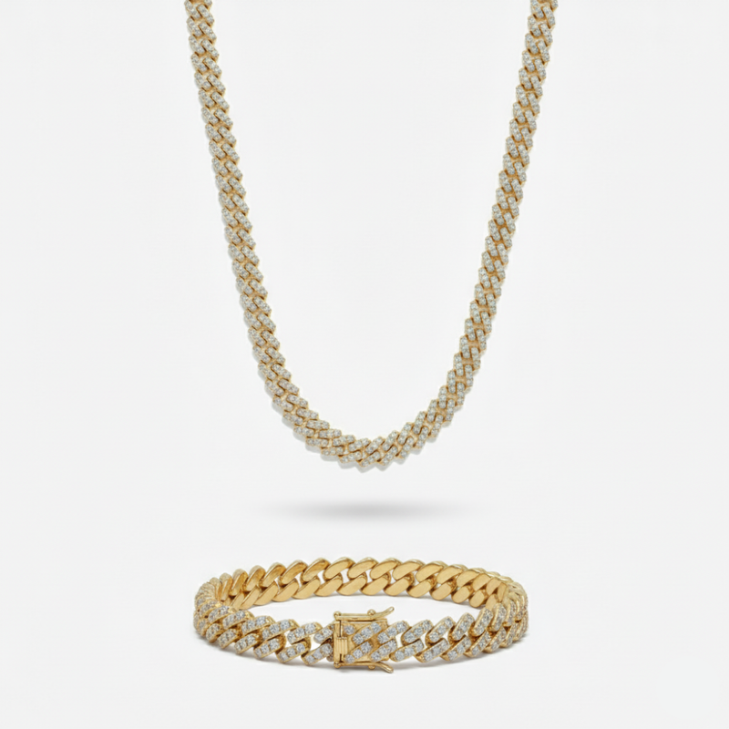 10mm Prong Set Cuban Link Chain + Bracelet Stack