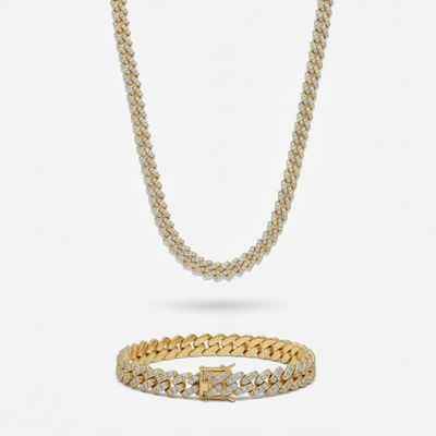 10mm Prong Set Cuban Link Chain + Bracelet Stack