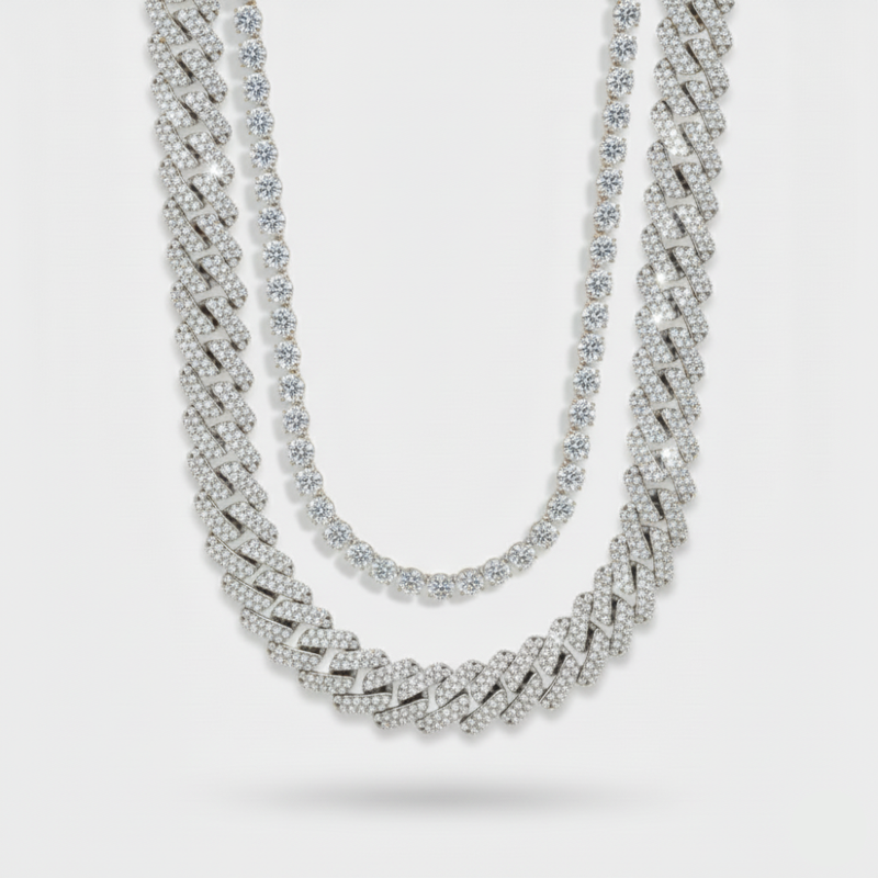 20mm Cuban Link & 5mm Tennis Chain Stack