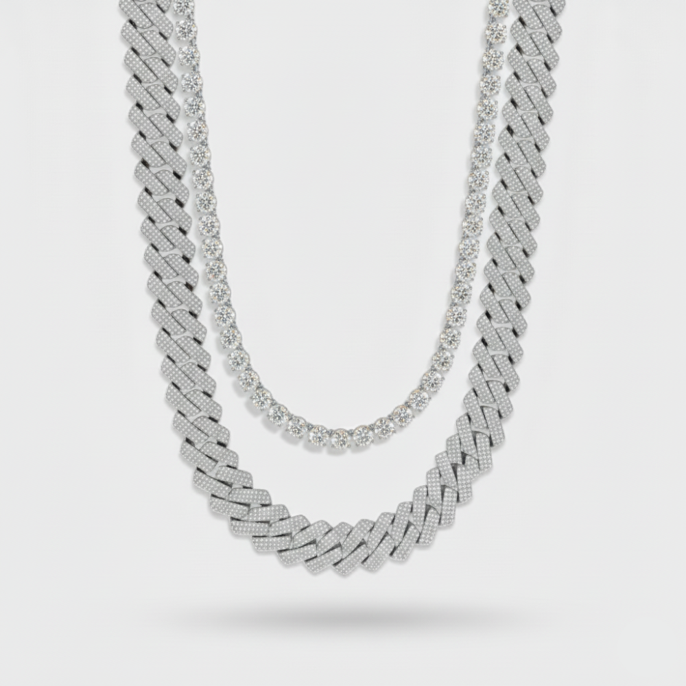 12mm Iced Cuban + 5mm Tennis Chain Stack
