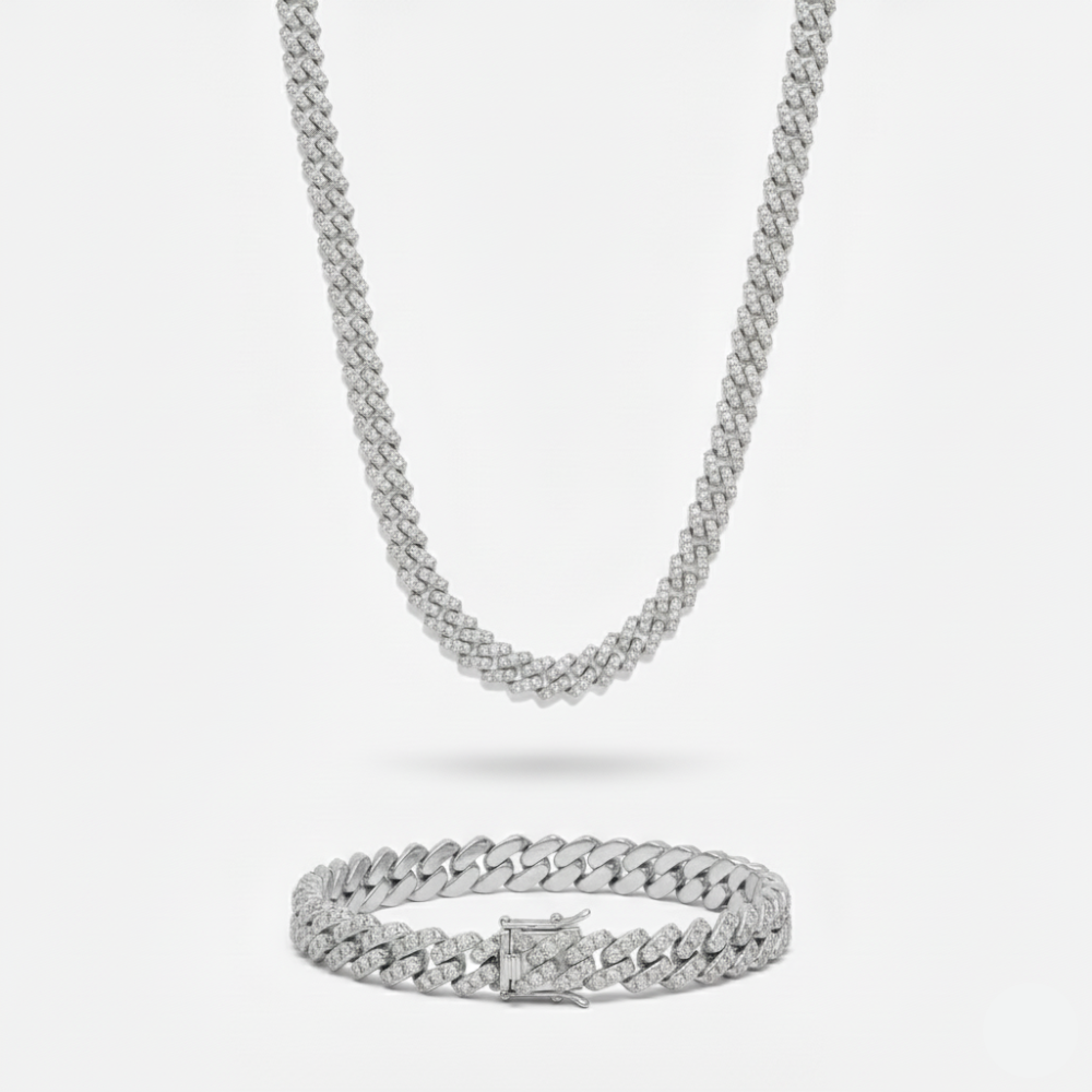 10mm Prong Set Cuban Link Chain + Bracelet Stack