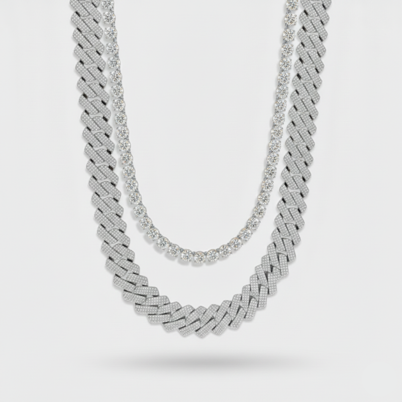 12mm Iced Cuban + 5mm Tennis Chain Stack