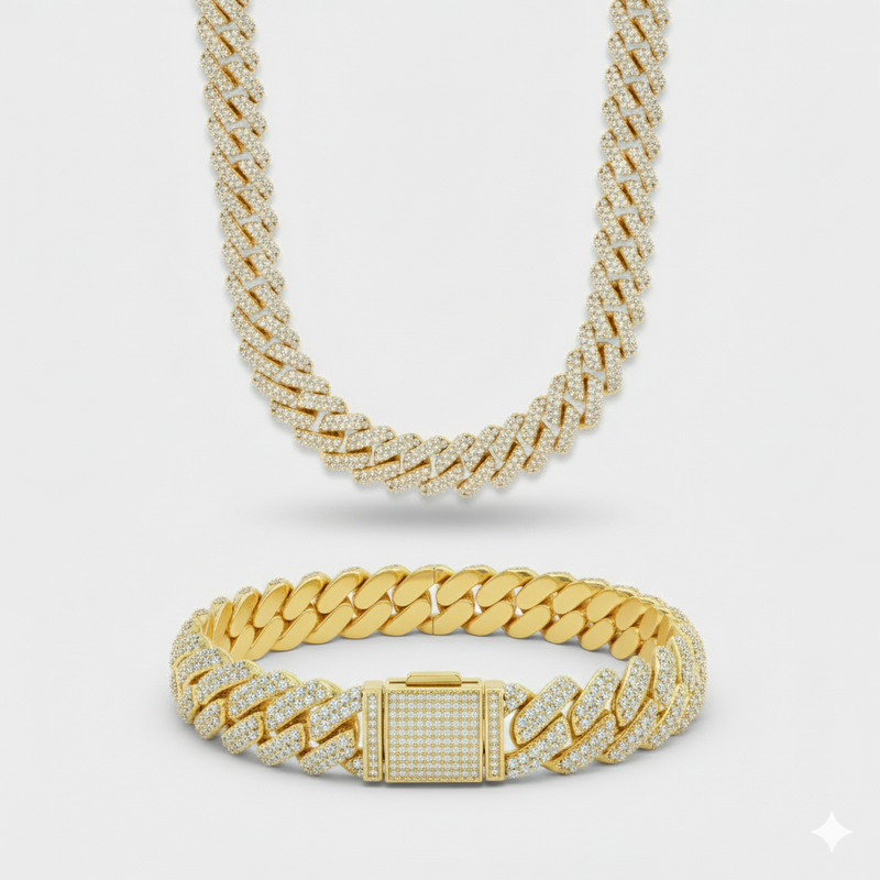 12mm Prong Set Cuban Chain + Bracelet Stack