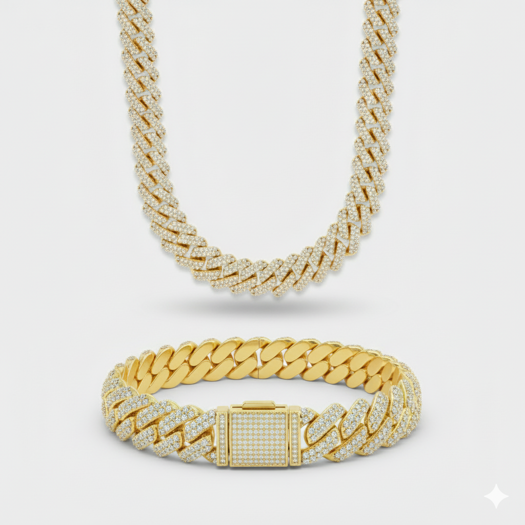 12mm Prong Set Cuban Chain + Bracelet Stack