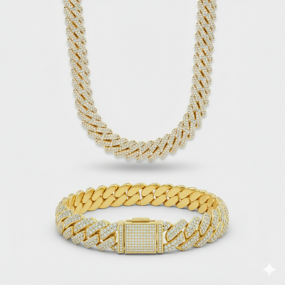 12mm Prong Set Cuban Chain + Bracelet Stack