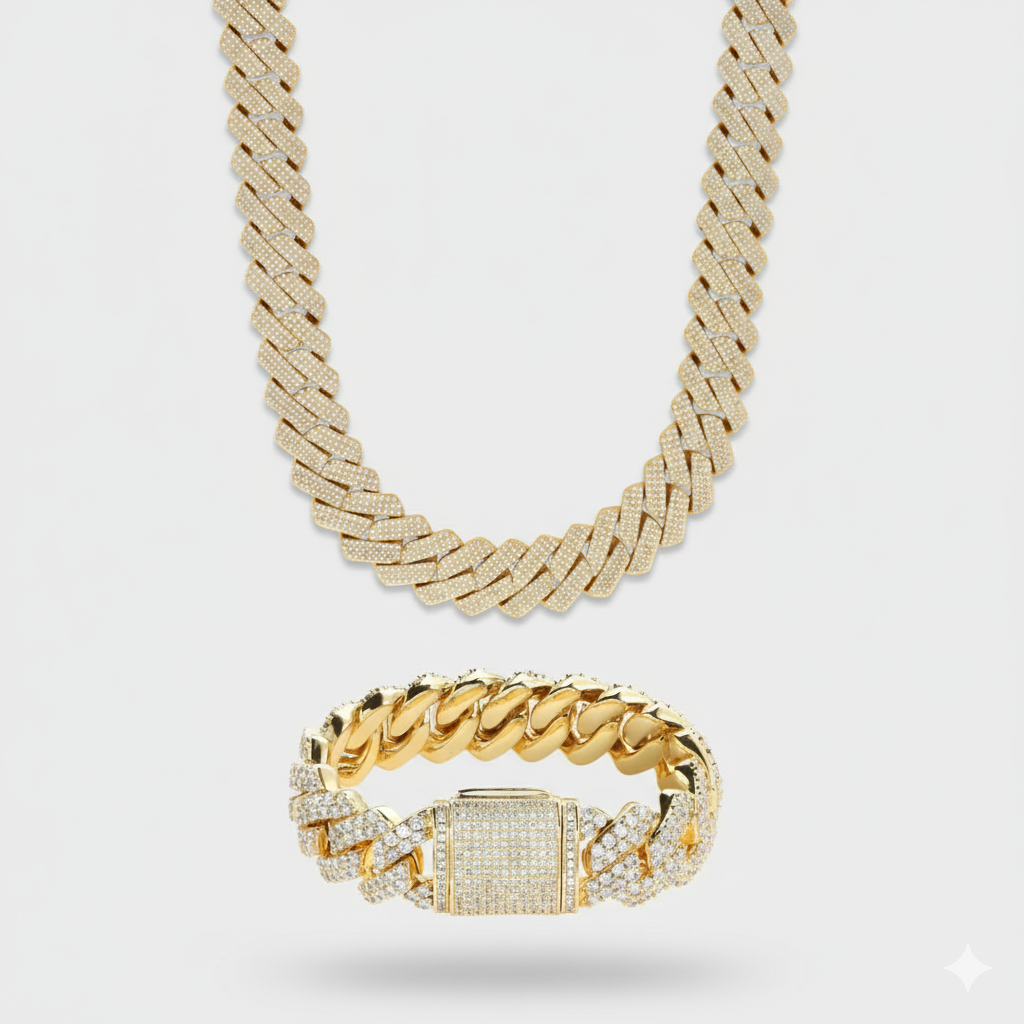 20mm Prong Set Cuban Link Chain & Bracelet Stack