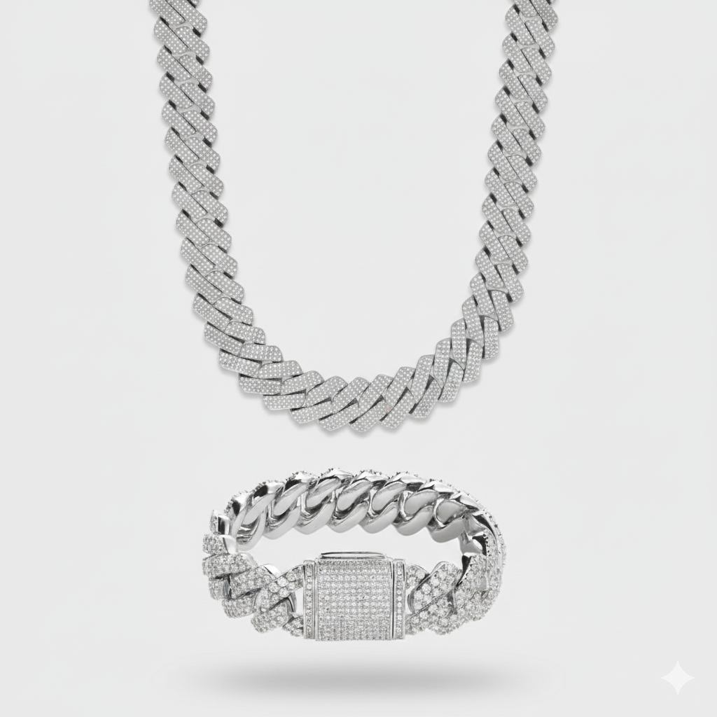 20mm Prong Set Cuban Link Chain & Bracelet Stack