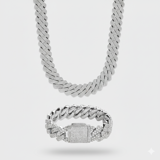 20mm Prong Set Cuban Link Chain & Bracelet Stack