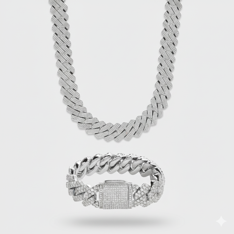 20mm Prong Set Cuban Link Chain & Bracelet Stack