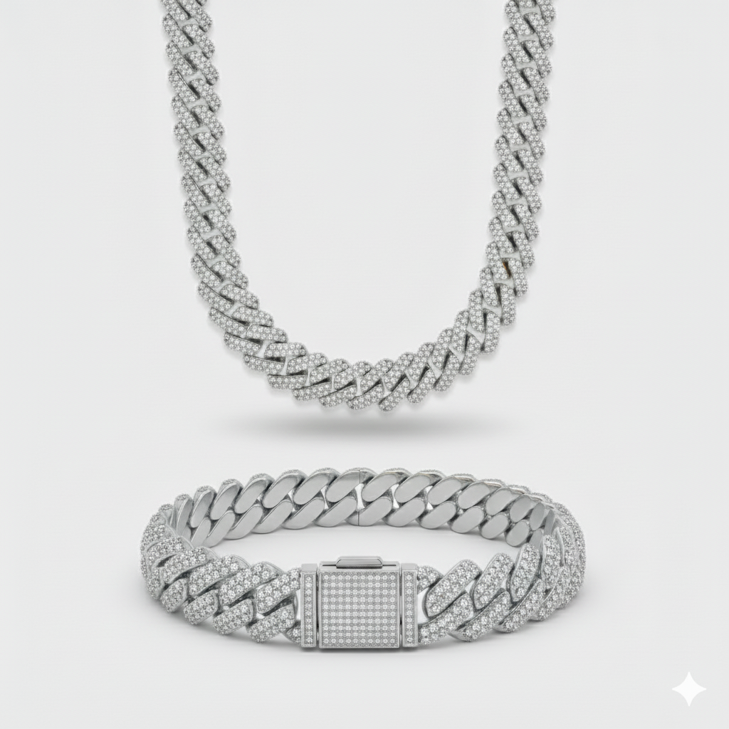 12mm Prong Set Cuban Chain + Bracelet Stack