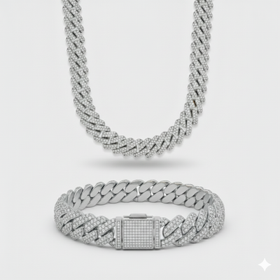 12mm Prong Set Cuban Chain + Bracelet Stack