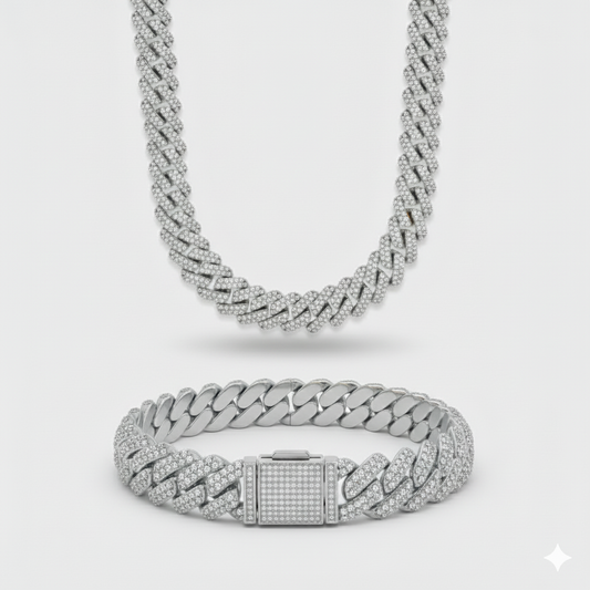 12mm Prong Set Cuban Chain + Bracelet Stack