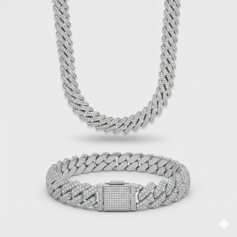12mm Prong Set Cuban Chain + Bracelet Stack