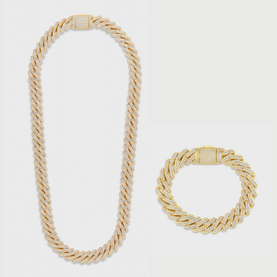 12mm Prong Set Cuban Chain + Bracelet Stack