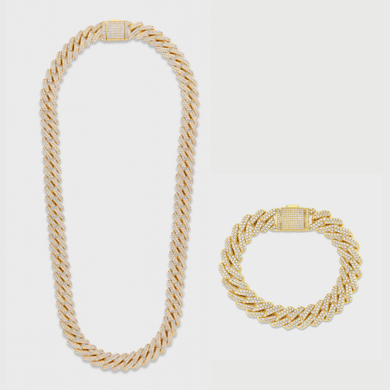 12mm Prong Set Cuban Chain + Bracelet Stack