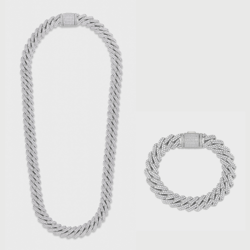 12mm Prong Set Cuban Chain + Bracelet Stack
